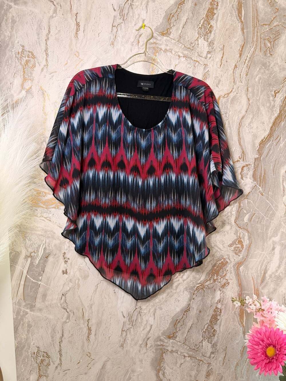 AB Studio Women's Large Multicolor Ikat Print Layered Chiffon Poncho Blouse Top